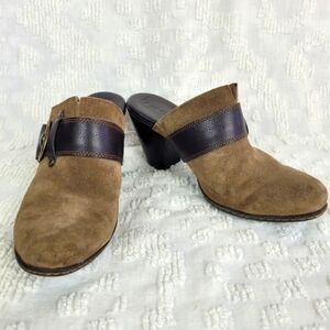 BOC tan clog mule espresso brown leather straps chunky heel gold buckles boho 8